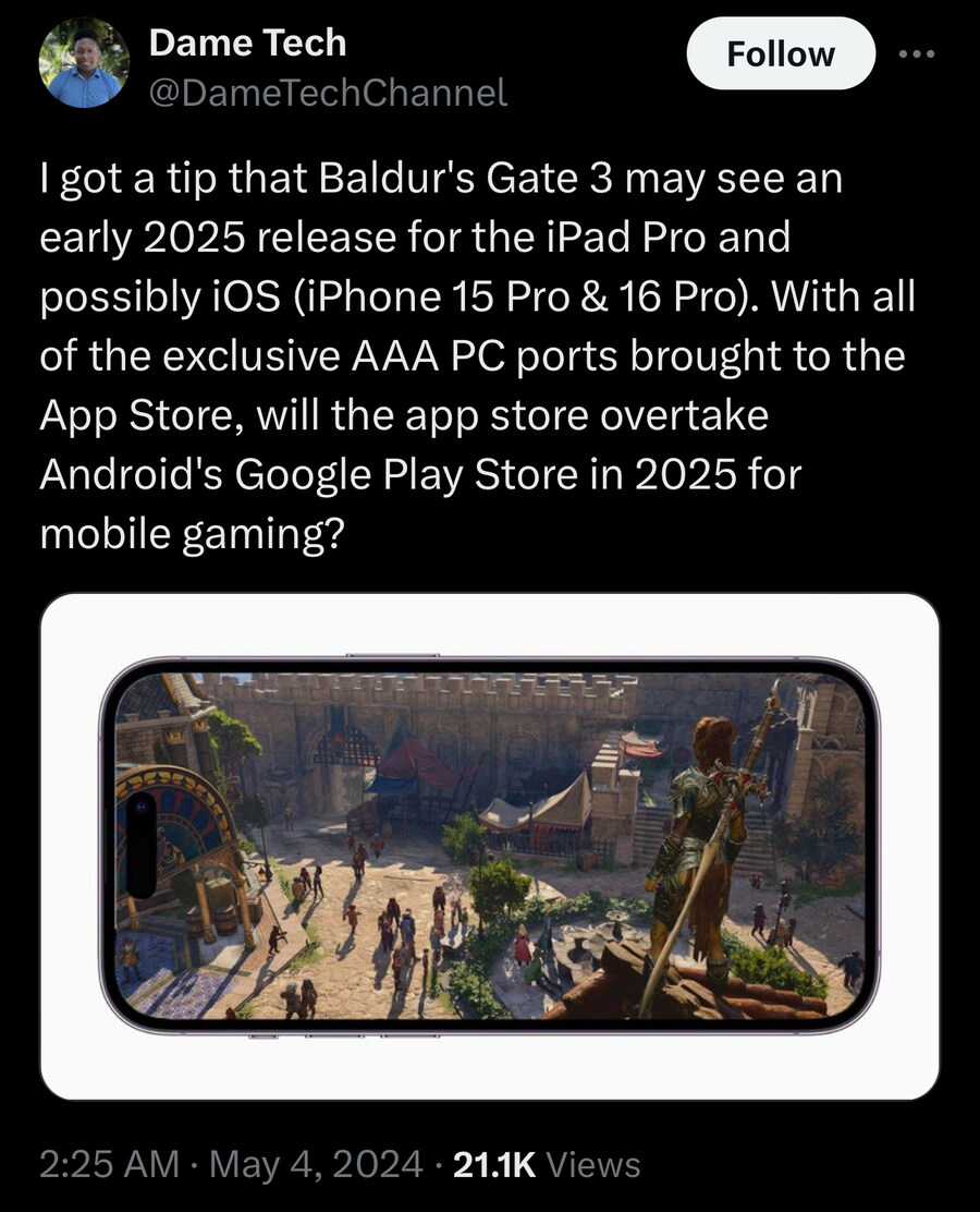 발더스 게이트 3 게임이 2025년 초에 아이패드에서 출시될 예정이며, 아이폰에서도 출시될 수 있다고 합니다.